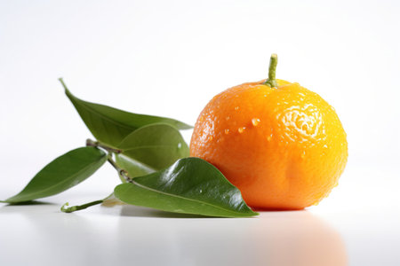 Ripe tangerine with green leaves on a white background.の素材