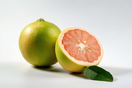 Pomelo fruit with green leaf on white background. Close up.の素材