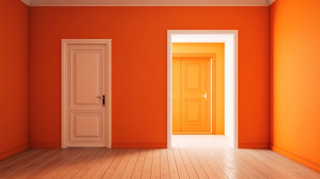 Orange room with door and wooden floor, 3d rendering. Computer digital drawing.の素材