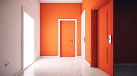 3d rendering of an orange door in an empty room with white wallsの素材