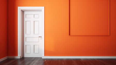 3D rendering of an orange room with a white door and a wallの素材