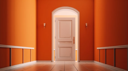 3d rendering of an orange room with a white door and a staircaseの素材