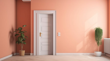 Interior of modern living room with orange wall and white door - renderingの素材