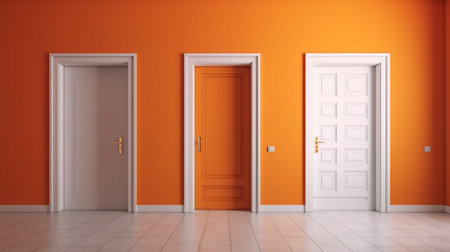 3d rendering of an orange room with two doors and a white doorの素材