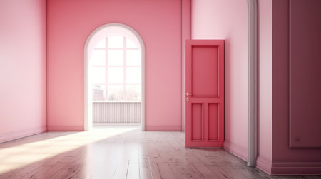 Interior of a room with pink walls and wooden floor - renderingの素材