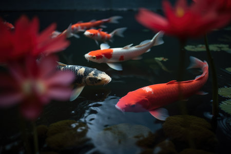 Koi fish in the pond with red flower and black background.の素材