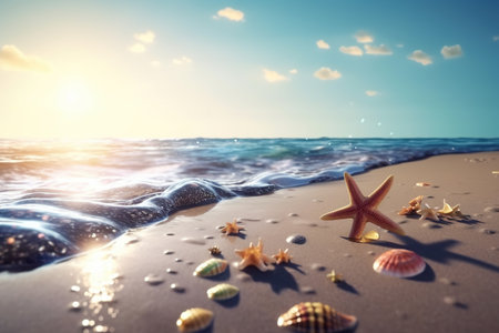 Seashells and starfish on the sandy beach. Sea backgroundの素材