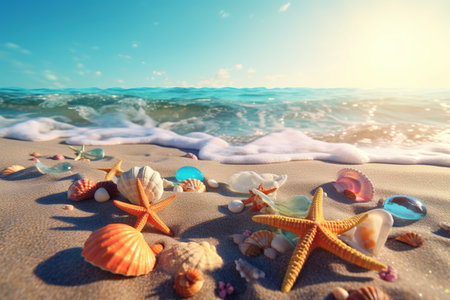 Seashells and starfish on the beach in the summerの素材