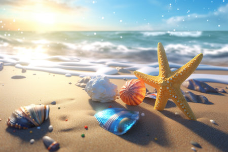 Starfish and seashells on the beach. 3d renderの素材