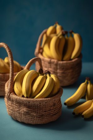 Bunch of bananas in wicker basket on green background. Minimal still lifeの素材