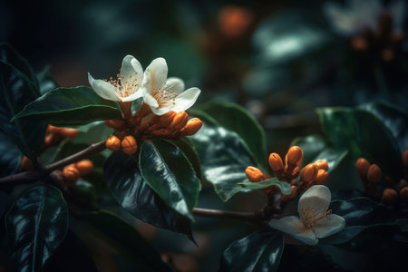 Beautiful white flowers with green leaves background. Selective focus.の素材
