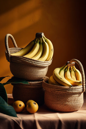 Basket with bananas and apples on a beige background. Toned.の素材