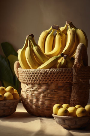 Basket with bananas and lemons on the table. Selective focus.の素材