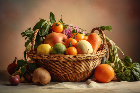 still life with a basket full of fresh fruits and vegetables, still lifeの素材