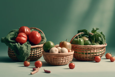 Still life with vegetables in wicker baskets on a green background.の素材