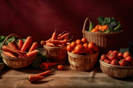 Harvest of fresh vegetables in a basket on a wooden table.の素材