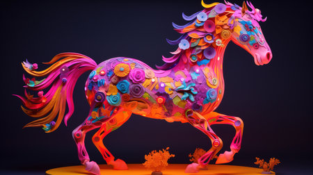 Horse made of colorful paper on dark background. 3d renderingの素材