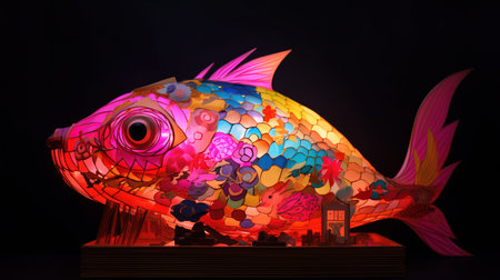 Colorful glass fish on a black background. Creative concept of design.の素材