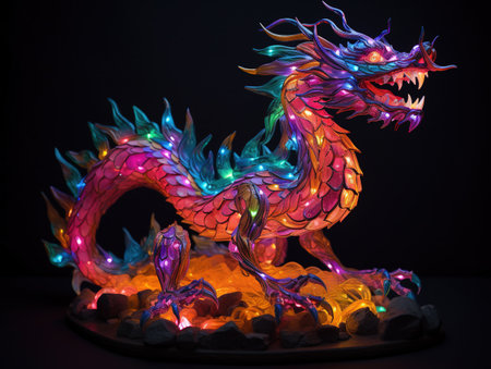 Colorful dragon statue on black background. Colorful dragon statue.の素材
