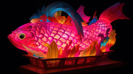 Koi fish in the Chinese lanterns on a black background.の素材