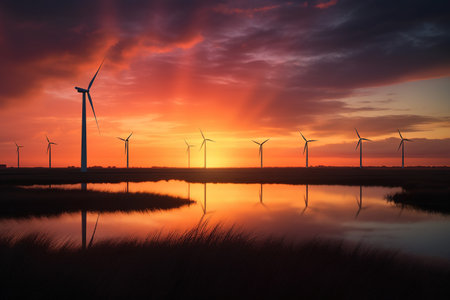 An image of wind turbines in the field at sunset with reflection in waterの素材