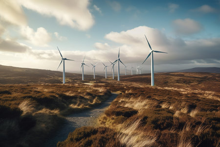 Wind turbines in the countryside. 3D Rendering, 3D illustration.の素材