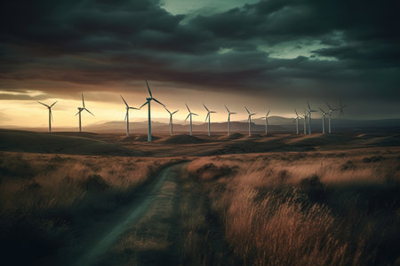 Wind turbines in the field. Alternative energy source. 3D Renderingの素材