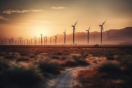 Wind turbines in the desert at sunset. Windmills for electric power production.の素材