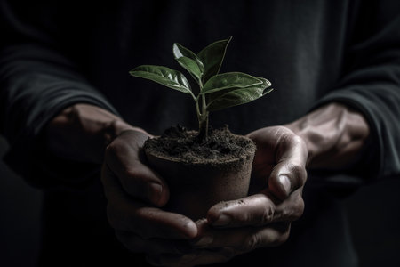 Hands of man holding a small plant in a pot with soilの素材