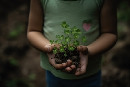 Little girl holding seedlings in her hands. Selective focus. nature.の素材