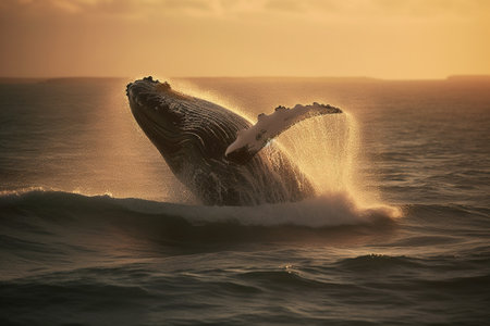 Humpback whale splashing out of the ocean at sunset.の素材