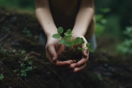 Hands of a child holding a small plant in the forest.の素材