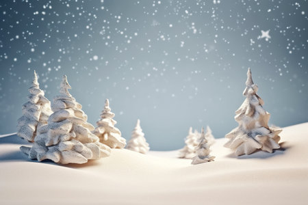 Winter background with Christmas trees and snowflakes. 3d renderingの素材