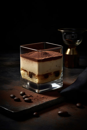 Classic tiramisu dessert in a glass on dark background, selective focusの素材