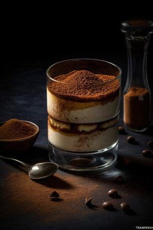 Classic tiramisu dessert in a glass on dark background, selective focusの素材