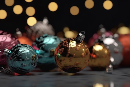Christmas baubles with bokeh background. 3D illustration.の素材