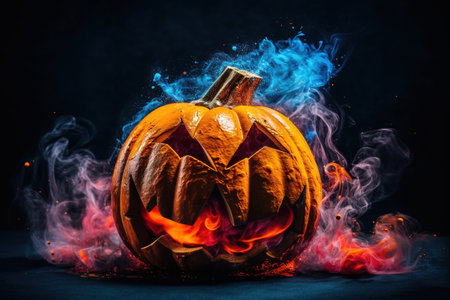 Halloween pumpkin head jack lantern with fire and smoke on black backgroundの素材