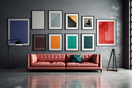 Interior of modern living room with red sofa and picture frames on wallの素材