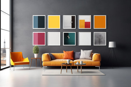 Interior of modern living room with gray walls, concrete floor, yellow sofa and orange armchair near coffee table and coffee table. 3d renderingの素材