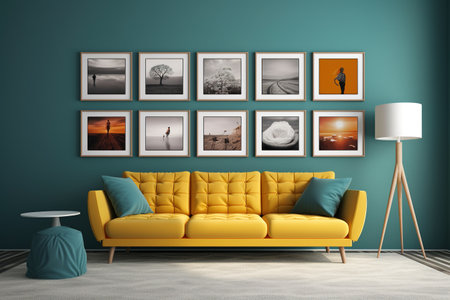 Interior of modern living room with yellow sofa and pictures on wallの素材