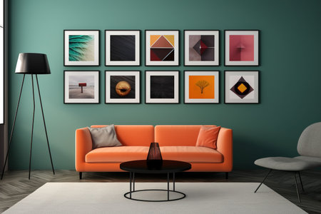 Interior of modern living room with orange sofa, coffee table and pictures on wallの素材