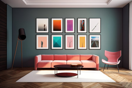 interior with pink sofa, 3d render, 3d illustrationの素材