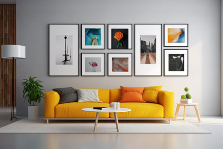 Interior of modern living room with yellow sofa and pictures on wallの素材