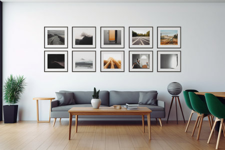 Modern living room interior with furniture and pictures on the wall. 3D Renderingの素材