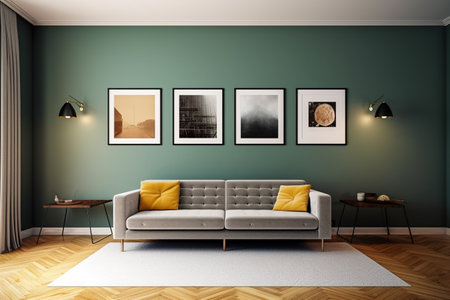 Green living room with a sofa, coffee table and posters. 3d renderingの素材