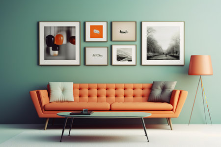 Interior of modern living room with orange sofa, coffee table and posters. 3d renderの素材