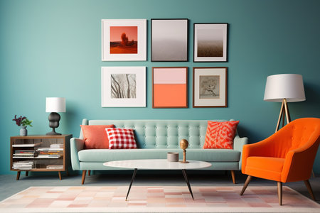 interior with blue sofa and orange armchair, 3d renderの素材