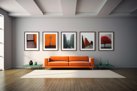 Interior of modern living room with white walls, wooden floor, orange sofa and picture frames. 3d renderingの素材