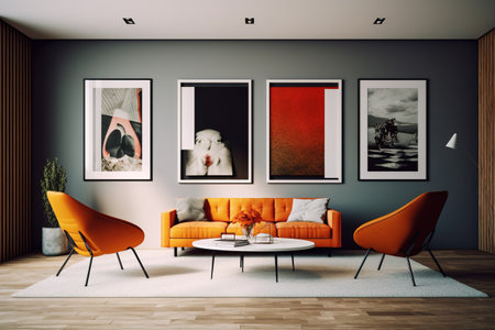 Modern living room interior with sofa, orange armchairs and pictures on wall. Mock up, 3D Renderingの素材