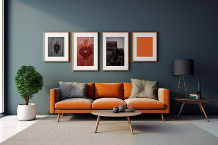 Interior of modern living room with orange sofa, coffee table and posters. 3d renderの素材